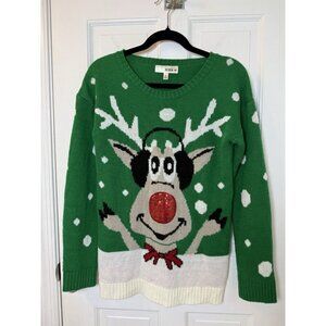 Love Derek Women's Size Large Green Red Nose Reindeer Holiday Pullover Sweater